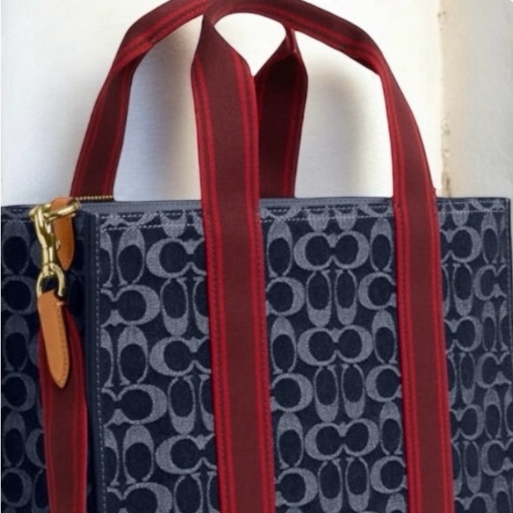 Coach Navy Signature Tote with Burgundy Straps - Picture 3 of 3